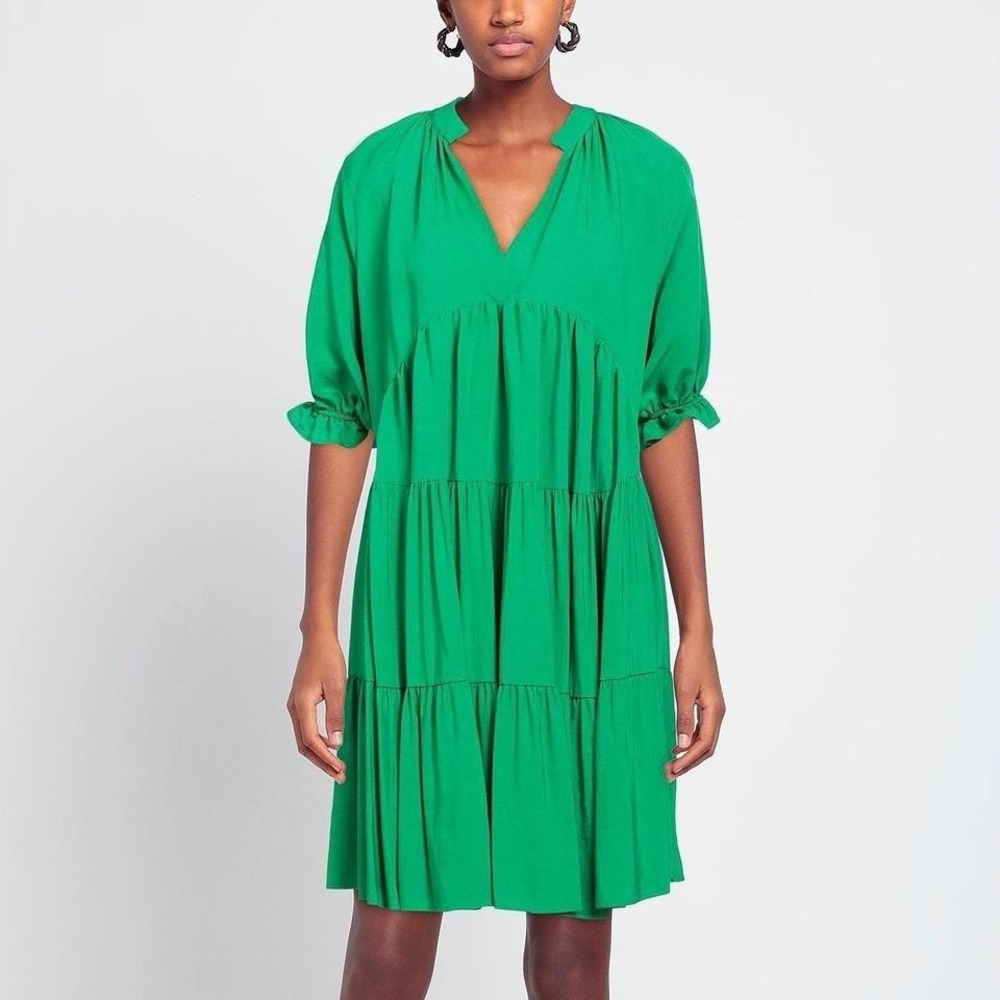 NWT $350 Haveone Italy Green Tiered Babydoll Dress Puff Sleeve